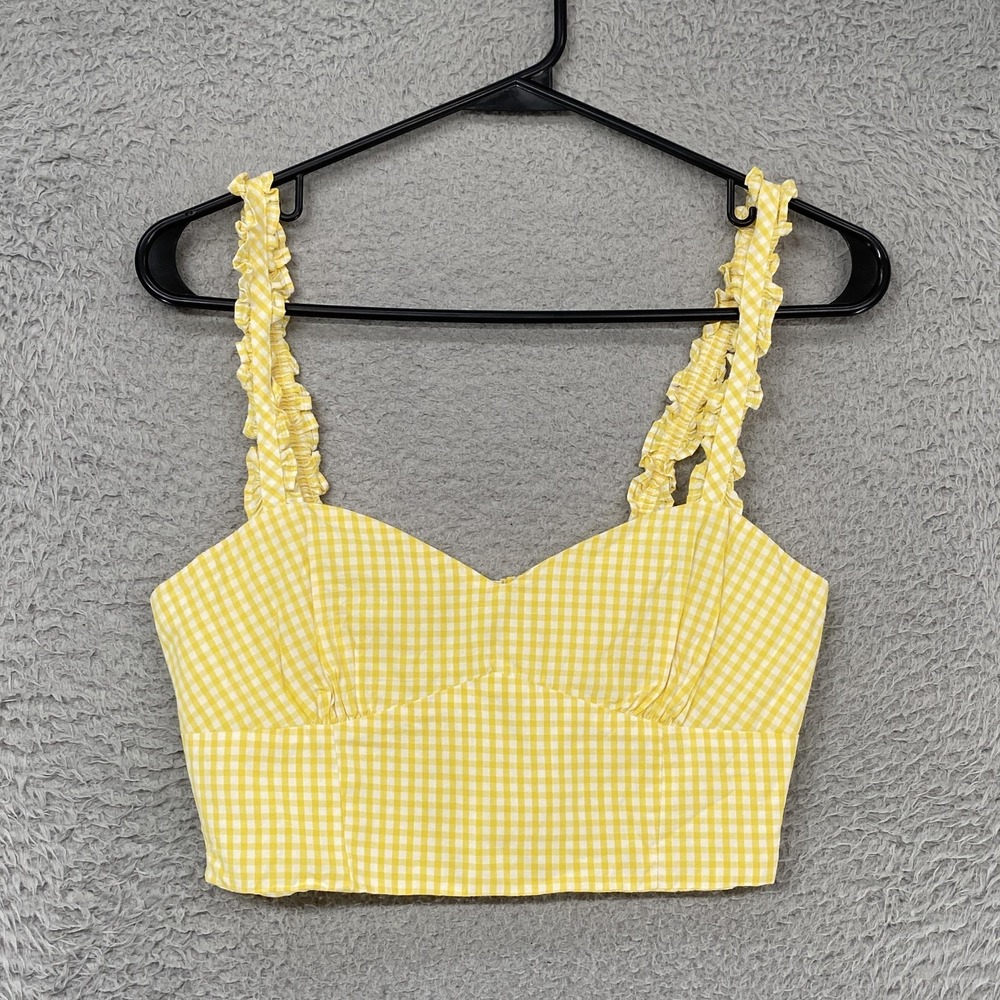 Zara Gingham Crop Tank Top Womens Small Babydoll Ruffle Strap Sweetheart Summer - Picture 2 of 13